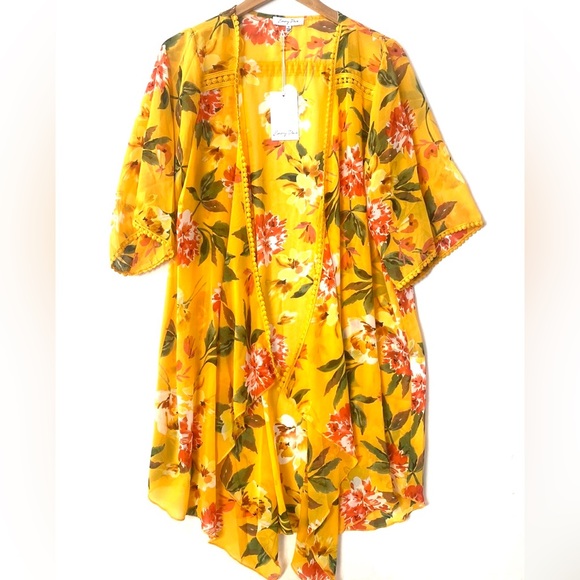 (B9) Emory Park Kimono Womens Medium Yellow Orange Floral Open Face Cardigan NWT - Picture 2 of 8